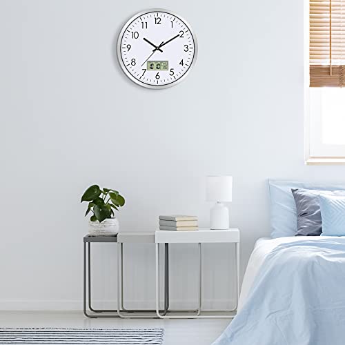 Lumuasky Digital Wall Clock with Date, Month, Day of Week and Temperature, 12 inch Silent Non-Ticking Battery Operated Analog Clock for Living Room Bedroom Kitchen Classroom Office Home School
