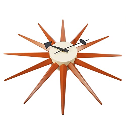 SHISEDECO Modern Sunburst Clock in Orange - Non Ticking, Wooden Mid Century Retro Design Decorative Silent Wall Quartz Clock for Home, Kitchen,Living Room,Office and Bedroom etc.(Orange)