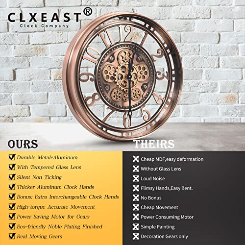 CLXEAST Moving Gear Wall Clock for Modern Living Room Decor, Large Industrial Wall Clock with Steampunk Gears, Big Arabic Numerals Rose Gold Metal Wall Clock for Office,Bronze Copper (21 Inch)