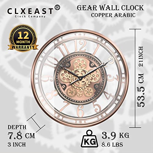 CLXEAST Moving Gear Wall Clock for Modern Living Room Decor, Large Industrial Wall Clock with Steampunk Gears, Big Arabic Numerals Rose Gold Metal Wall Clock for Office,Bronze Copper (21 Inch)