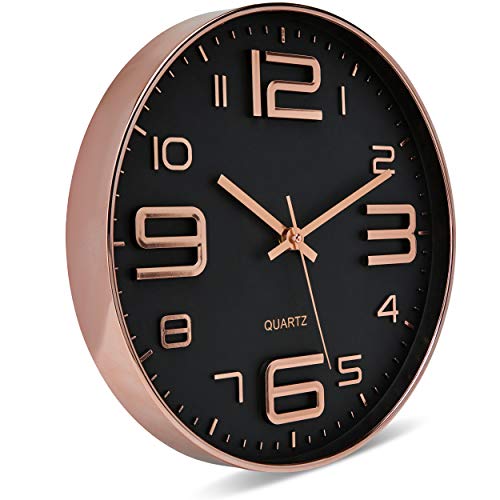 Bernhard Products Black Wall Clock - 12 Inch Rose Gold Silent Non Ticking Quality Quartz Battery Operated Easy to Read Decorative Modern Design for Home/Office/Kitchen/Bedroom/Living Room
