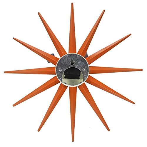 SHISEDECO Modern Sunburst Clock in Orange - Non Ticking, Wooden Mid Century Retro Design Decorative Silent Wall Quartz Clock for Home, Kitchen,Living Room,Office and Bedroom etc.(Orange)