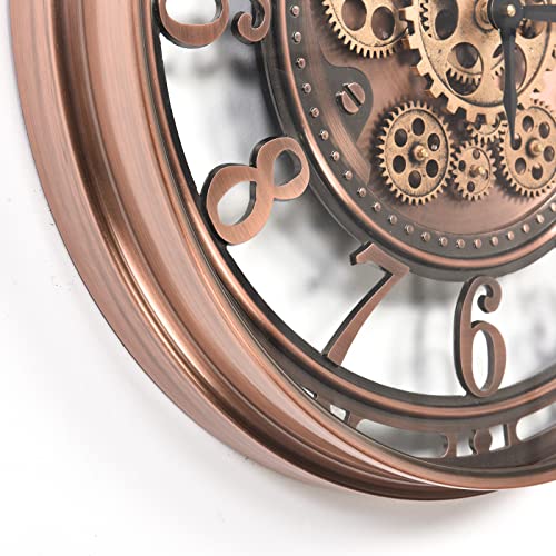 CLXEAST Moving Gear Wall Clock for Modern Living Room Decor, Large Industrial Wall Clock with Steampunk Gears, Big Arabic Numerals Rose Gold Metal Wall Clock for Office,Bronze Copper (21 Inch)