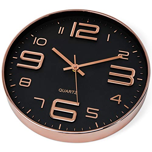 Bernhard Products Black Wall Clock - 12 Inch Rose Gold Silent Non Ticking Quality Quartz Battery Operated Easy to Read Decorative Modern Design for Home/Office/Kitchen/Bedroom/Living Room