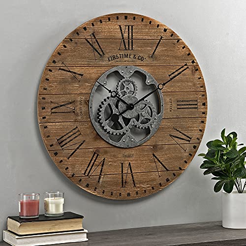 FirsTime & Co. Brown Shiplap Gears Wall Clock, Large Vintage Decor for Living Room, Home Office, Round, Wood and Plastic, Farmhouse, 27 inches