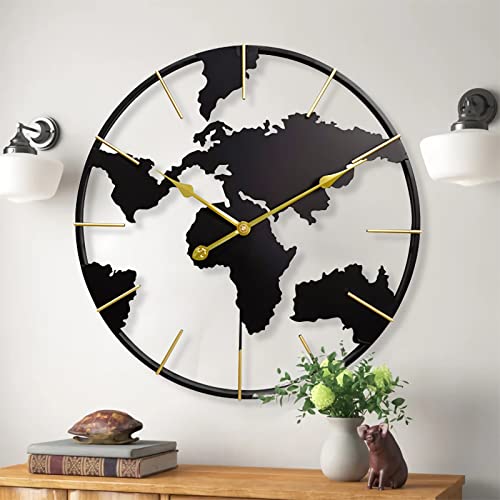 Keqam Large World Map Wall Clock, Metal Minimalist Modern Round Silent Non-Ticking Battery Operated Clocks for Living Room / Home /Kitchen /Bedroom /Office/School Decor (24 Inch), Black, One Size