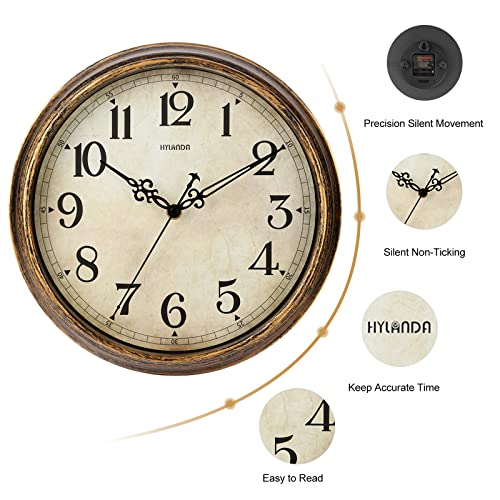 Vintage 12 Inch Silent Wall Clock in Bronze