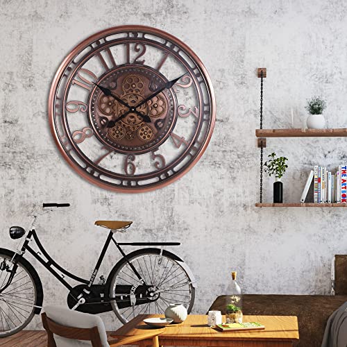 INFINITY TIME Real Moving Gears Modern, 21 Inch Industrial Steampunk Large Big Metal Gold Wall Clock for Living Room Decor, Office, ,Antique Bronze Copper,Arabic Numerals