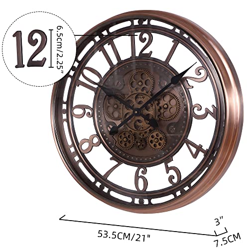 INFINITY TIME Real Moving Gears Modern, 21 Inch Industrial Steampunk Large Big Metal Gold Wall Clock for Living Room Decor, Office, ,Antique Bronze Copper,Arabic Numerals