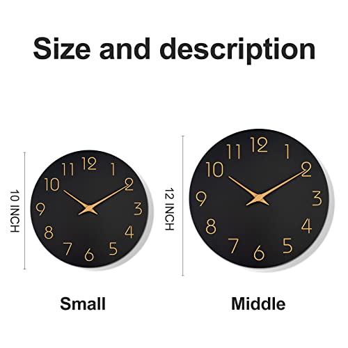 Mosewa Wall Clock 10 Inch Black Wall Clocks Battery Operated Silent Non-Ticking - Simple Minimalist Style Rose Gold Numbers Clock Decorative for Living Room,Kitchen,Home,Office,Bathroom(10" Black)