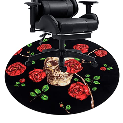 Skull and Roses Area Rug 4Ft Round Rug Anti-Slip Floor Protector Round Gaming Computer Chair Mat for Home Decorations Office Gaming Room Mat