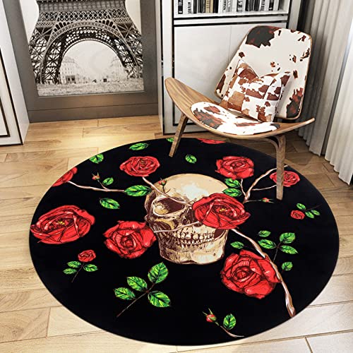 Skull and Roses Area Rug 4Ft Round Rug Anti-Slip Floor Protector Round Gaming Computer Chair Mat for Home Decorations Office Gaming Room Mat