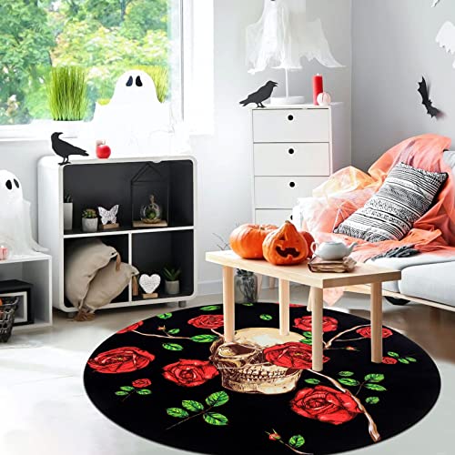 Skull and Roses Area Rug 4Ft Round Rug Anti-Slip Floor Protector Round Gaming Computer Chair Mat for Home Decorations Office Gaming Room Mat