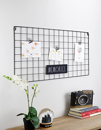 Rae Dunn Wire Wall Grid - Large Metal Grid Panel Organizer for Collage, Photo Wall, Picture Display, Memo Board, Hanging Office Organization, Art - Home and Classroom Décor - "Memories" Black