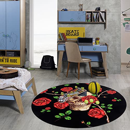 Skull and Roses Area Rug 4Ft Round Rug Anti-Slip Floor Protector Round Gaming Computer Chair Mat for Home Decorations Office Gaming Room Mat