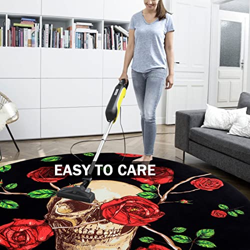 Skull and Roses Area Rug 4Ft Round Rug Anti-Slip Floor Protector Round Gaming Computer Chair Mat for Home Decorations Office Gaming Room Mat