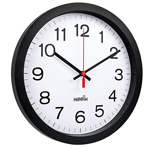 Yoobure 12" Silent Quartz Decorative Wall Clock Non-Ticking Digital Plastic Battery Operated Round Easy to Read Home/Office/School Black Clock