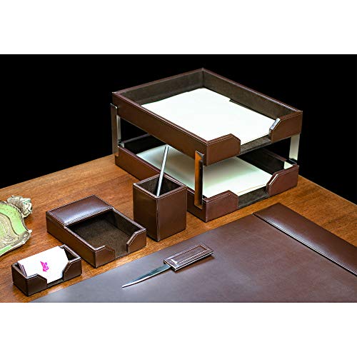 Dacasso Bonded Set Luxury Leather Pad & Desk Organization Essentials-Office Organization & Executive Desk Decor, 8 Piece, Dark Brown