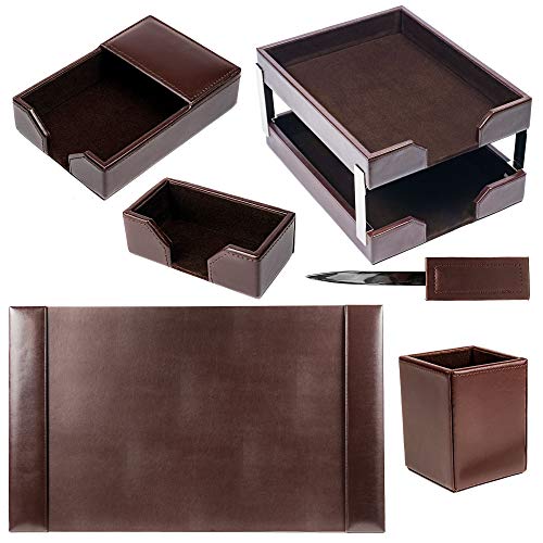Dacasso Bonded Set Luxury Leather Pad & Desk Organization Essentials-Office Organization & Executive Desk Decor, 8 Piece, Dark Brown