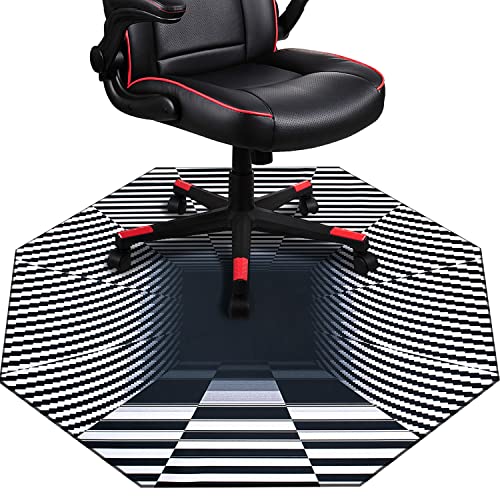 IBETTO 51x51 inches Large Gaming Chair Octagon Carpet Natural Rubber Silent Computer Game Chair Rug Anti Slip Gamer Chair Mat for All Kinds of Office Hard Wood Floor (Black and White Trippy Vision)
