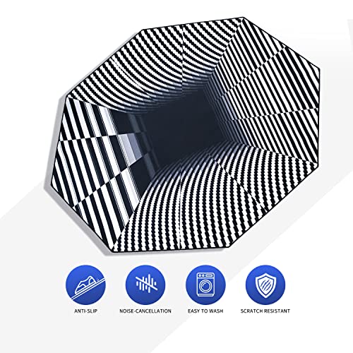 IBETTO 51x51 inches Large Gaming Chair Octagon Carpet Natural Rubber Silent Computer Game Chair Rug Anti Slip Gamer Chair Mat for All Kinds of Office Hard Wood Floor (Black and White Trippy Vision)
