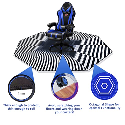 IBETTO 51x51 inches Large Gaming Chair Octagon Carpet Natural Rubber Silent Computer Game Chair Rug Anti Slip Gamer Chair Mat for All Kinds of Office Hard Wood Floor (Black and White Trippy Vision)