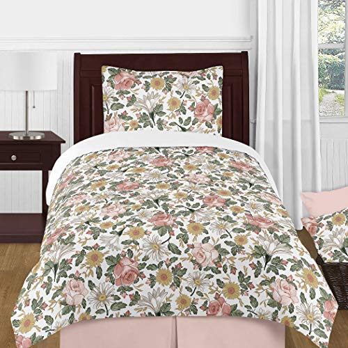 Sweet Jojo Designs Vintage Floral Boho Fabric Memory Memo Photo Bulletin Board - Blush Pink, Yellow, Green and White Shabby Chic Rose Flower Farmhouse