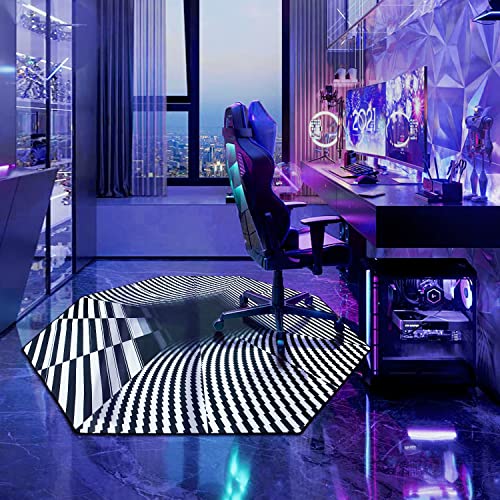 IBETTO 51x51 inches Large Gaming Chair Octagon Carpet Natural Rubber Silent Computer Game Chair Rug Anti Slip Gamer Chair Mat for All Kinds of Office Hard Wood Floor (Black and White Trippy Vision)