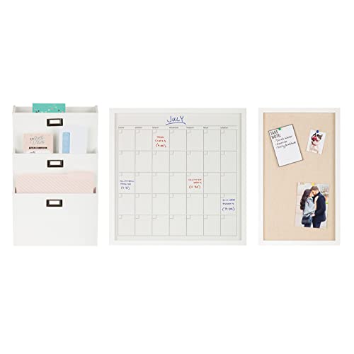 Gallery Solutions 3-Piece Wall Organizer Command Center Set with Storage and Monthly Calendar, White Memo Boards, 14 x 22