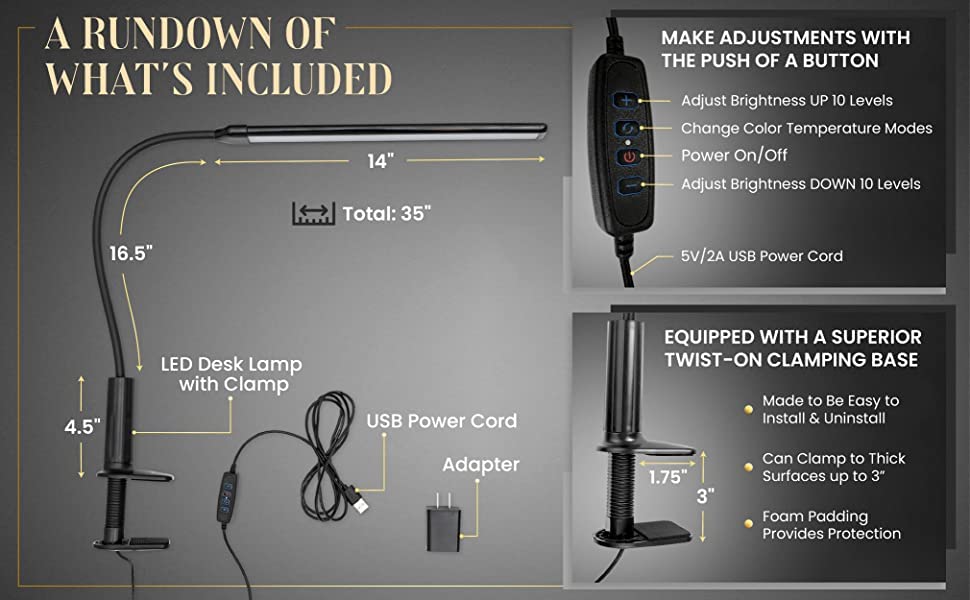 LED Bright Desk Lamp with Clamp – Eye-Friendly Flexible Dimmable Gooseneck Lamp Light with Twist Clamp, 3 Color Modes & 10 Brightness Levels – 360 Degree Adjustable Architect Reading Study Lamp