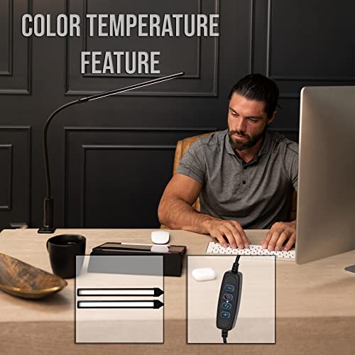 LED Bright Desk Lamp with Clamp – Eye-Friendly Flexible Dimmable Gooseneck Lamp Light with Twist Clamp, 3 Color Modes & 10 Brightness Levels – 360 Degree Adjustable Architect Reading Study Lamp