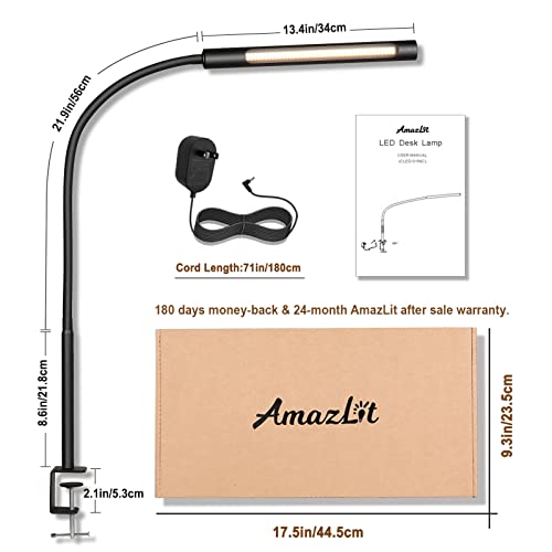 AmazLit Desk Lamp, Eye-Caring Desk Light, Gooseneck Lamp with Clamp, Adjustable Color Temperature & Brightness, Clip on Lamp with Memory & Timer Function, Clamp Lamp for Home Office, 12W, Black