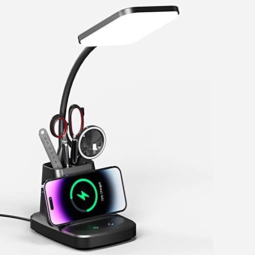 Vicsoon Desk Lamp with Wireless Charger, LED Desk Lamps for Home Office, 800 Lumens, Small Desk Lamp with Pen Holder, Flexible Arm, 3 Modes, Dimming, Touch Lamp for College Dorm Room, with Adapter
