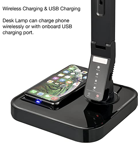 Fugetek LED Desk Table Lamp, 14W, 530 Lumens, Wireless Charger & USB Charging Port, Dimmable Eye-Caring, 5 Brightness & 4 Light Modes, Adjustable Arms, Touch Control, Auto Sleep Timer