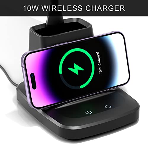 Vicsoon Desk Lamp with Wireless Charger, LED Desk Lamps for Home Office, 800 Lumens, Small Desk Lamp with Pen Holder, Flexible Arm, 3 Modes, Dimming, Touch Lamp for College Dorm Room, with Adapter