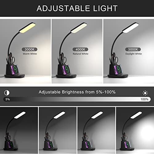 Vicsoon Desk Lamp with Wireless Charger, LED Desk Lamps for Home Office, 800 Lumens, Small Desk Lamp with Pen Holder, Flexible Arm, 3 Modes, Dimming, Touch Lamp for College Dorm Room, with Adapter