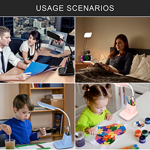 Vicsoon Desk Lamp with Wireless Charger, LED Desk Lamps for Home Office, 800 Lumens, Small Desk Lamp with Pen Holder, Flexible Arm, 3 Modes, Dimming, Touch Lamp for College Dorm Room, with Adapter