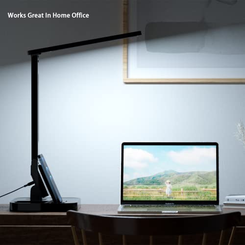 Fugetek LED Desk Table Lamp, 14W, 530 Lumens, Wireless Charger & USB Charging Port, Dimmable Eye-Caring, 5 Brightness & 4 Light Modes, Adjustable Arms, Touch Control, Auto Sleep Timer