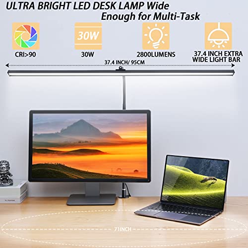 RIYUEXIN LED Desk Lamp, 30W Eye-Caring Architect Clamp Desk Lamps for Home Office, 37.4" Wide 2800LM Brightest Led Workbench Desk Light 3 Modes 5 Brightness Lighting