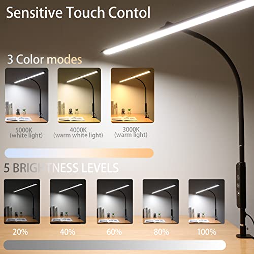 RIYUEXIN LED Desk Lamp, 30W Eye-Caring Architect Clamp Desk Lamps for Home Office, 37.4" Wide 2800LM Brightest Led Workbench Desk Light 3 Modes 5 Brightness Lighting