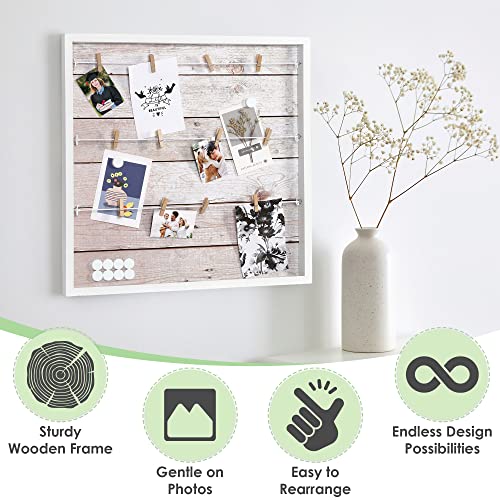 Houseables Picture Frame Collages, Magnetic Picture Boards Display, 20” x 20”, Light Rustic Wood, Hanging Photo Board, w/Clips, 10 Magnets, for Polaroids, Postcards, Memo, Art, Dorm, Wall, Bulletin