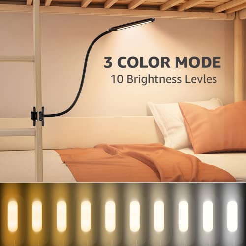 Dpower Desk Lamp with Clamp, 8W Clip on Light with 3 Lighting Modes, 10 Brightness Level, Eye-Caring Reading Lamp, Flexible Gooseneck Clamp Lamp, USB Desk Light for Bed Headboard Home Office Workbench
