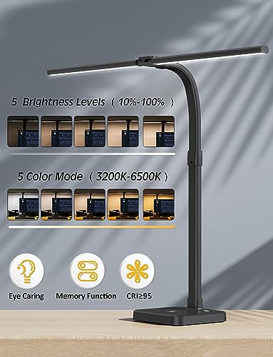 AKRRYR LED Desk Lamp for Home Office, Double Head 24W Desk Lamp with USB Charging Port & Wireless Charger, Architect Desk Light 5 Lighting 5 Brightness Flexible Gooseneck Table Light for Reading Study