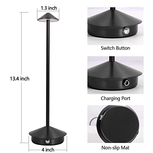 LIGHTJXDS Cordless Table Lamp, Portable LED Desk Lamp, Mordern Rechargeable Nightstand Lamp in Aluminum, Dimmable Table Light for Indoor Outdoor (Black)