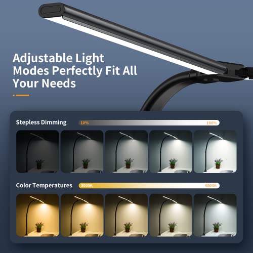 Kartols LED Desk Lamp, Double Head Architect Desk Lamp for Home Office, 31.5'' Modern Desk Light with Clamp, Stepless Dimming, 5 Color Modes, Timer, Eye Protection Office Lamp Touch Control