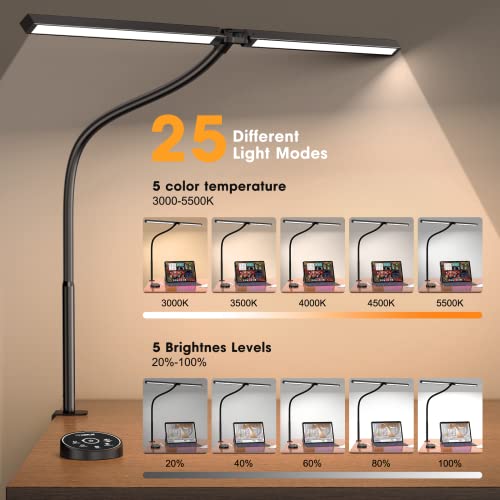 Led Desk Lamp for Office Home - Eye Caring Architect lamp with Clamp,Dual Screen Computer Monitor Gooseneck Smart Light: 24W 5 Color Flexible Adjustable Lighting Table Lamp for Study Reading Drafting