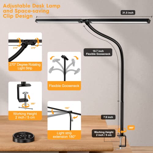 Led Desk Lamp for Office Home - Eye Caring Architect lamp with Clamp,Dual Screen Computer Monitor Gooseneck Smart Light: 24W 5 Color Flexible Adjustable Lighting Table Lamp for Study Reading Drafting