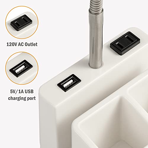 LED Desk Lamp with 1 USB Charging Port and 1 AC Outlet, Organizer Base, Adjustable Neck, On/Off Switch, Modern Table Lamp for Reading, Working, Studying, Gentle Warm White Light, Eye Protect