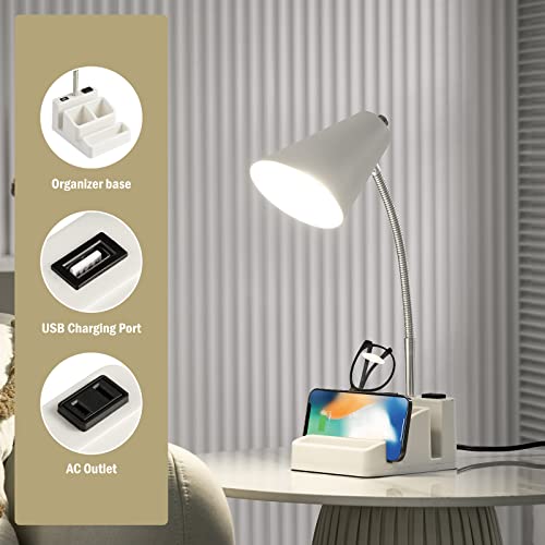 LED Desk Lamp with 1 USB Charging Port and 1 AC Outlet, Organizer Base, Adjustable Neck, On/Off Switch, Modern Table Lamp for Reading, Working, Studying, Gentle Warm White Light, Eye Protect