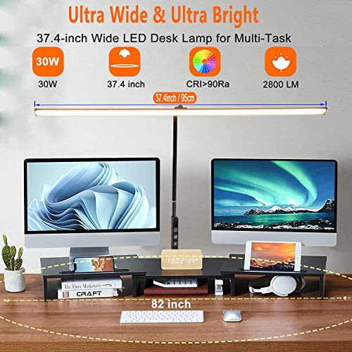 Aunkazey 37.4" Wide Architect Clamp Desk Lamps for Home Office,30W 2800LM Brightest Led Workbench Desk Light,3 Modes and 5 Brightness Tall Desk Lamp for Monitor Studio Reading